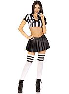 Weibliche Sport-Schiedsrichterin, Kostüm mit Top und Rock, kurze Ärmel, Plissee, vertikale Streifen